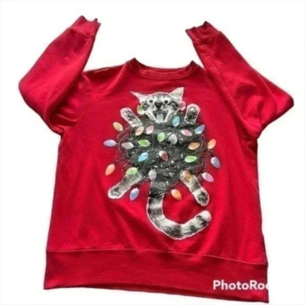 Mad Engine Women’s Christmas Tangled Cat Lights Ugly Xmas Sweatshirt Red…